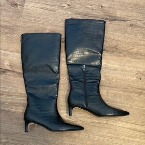 Black Faux Croc-Embossed Knee-High Boots